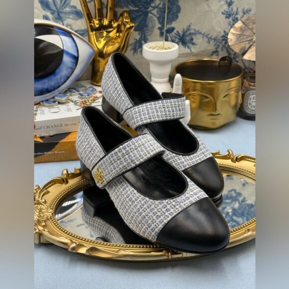 🆕 TORY BURCH 🧿 NWOB Mary Jane Heeled Ballet Flat, Blue Tweed, Sz 6.5 *SAMPLE* - Picture 7 of 16